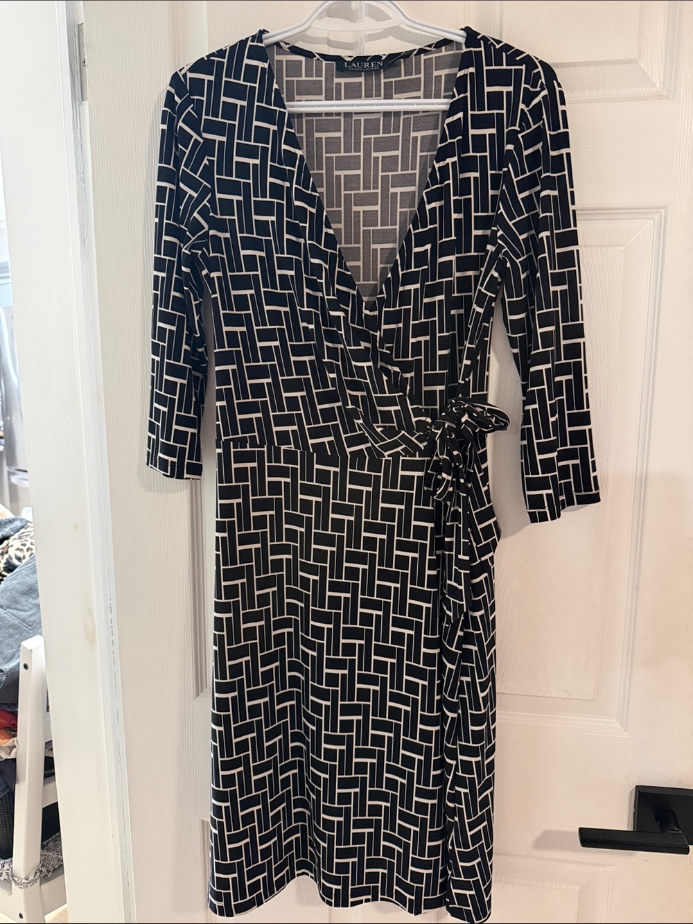 LAUREN Ralph Lauren Black & Cream Geometric Wrap Dress